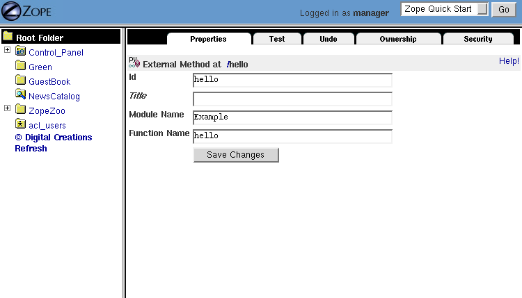 External Method Properties view