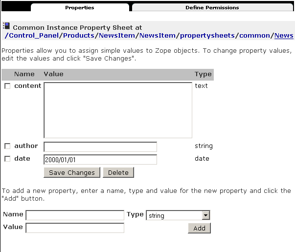 The properties screen for a Property Sheet