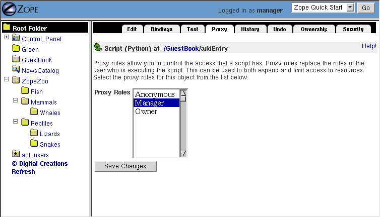 Setting proxy roles for the addEntry script.